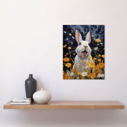 Artery8 Wall Art Print Moonlit White Rabbit Oil Painting Playing with Yellow Spring Flowers Mischief at Night Kids Bedroom Artwork Poster - thumbnail 2
