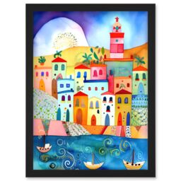 Artery8 Tunisia Seaside Town Folk Art Artwork Framed Wall Art Print A4 in Black - thumbnail 1