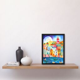 Artery8 Tunisia Seaside Town Folk Art Artwork Framed Wall Art Print A4 in Black - thumbnail 2