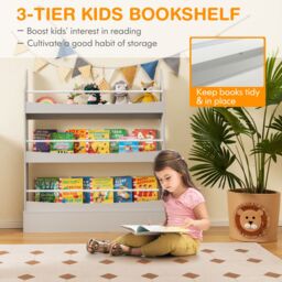 Costway 3-Tier Kids Bookshelf Toy Storage Bookcase Rack Wall w/ Anti-toppling Kits Grey - thumbnail 4
