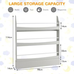 Costway 3-Tier Kids Bookshelf Toy Storage Bookcase Rack Wall w/ Anti-toppling Kits Grey - thumbnail 2