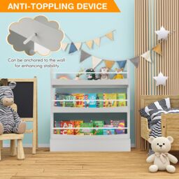 Costway 3-Tier Kids Bookshelf Toy Storage Bookcase Rack Wall w/ Anti-toppling Kits Grey - thumbnail 5