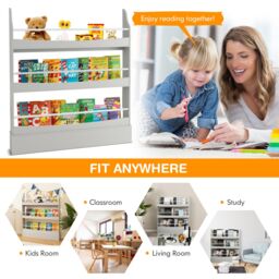Costway 3-Tier Kids Bookshelf Toy Storage Bookcase Rack Wall w/ Anti-toppling Kits Grey - thumbnail 6