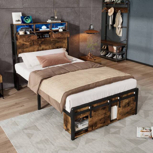 BTM Metal Bed with Multi-Color LED Lights, Charging Ports & Storage in Black - Size: Single - image 1