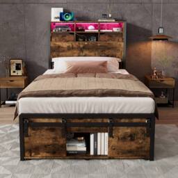 BTM Metal Bed with Multi-Color LED Lights, Charging Ports & Storage in Black - Size: Single - thumbnail 3