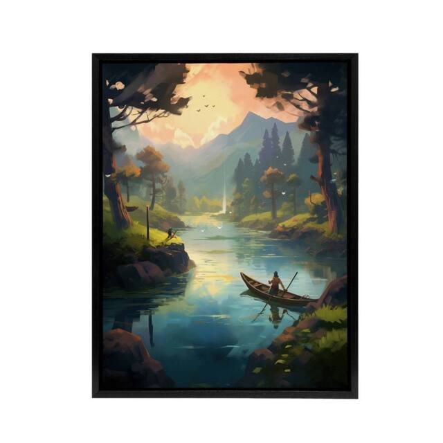 "Artery8 Fishermen Forest River Fishing Framed Canvas Wall Art Print in Green - Size: W12"" x H16""" - image 1