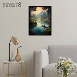 "Artery8 Fishermen Forest River Fishing Framed Canvas Wall Art Print in Green - Size: W12"" x H16""" - thumbnail 3