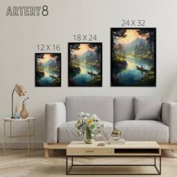 "Artery8 Fishermen Forest River Fishing Framed Canvas Wall Art Print in Green - Size: W12"" x H16""" - thumbnail 4