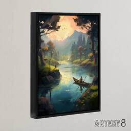 "Artery8 Fishermen Forest River Fishing Framed Canvas Wall Art Print in Green - Size: W12"" x H16""" - thumbnail 2