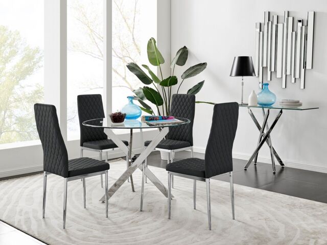 FurnitureboxUK Novara Clear Tempered Glass 100cm Round Dining Table with Chrome Starburst Legs & 4 Milan Faux Leather Chairs in Black - image 1