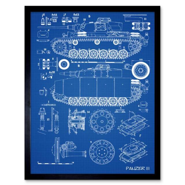 "Artery8 Panzer III 3 German Medium Tank Blue Plan 12x16"" Framed Wall Art Print - Size: W12"" x H16""" - image 1
