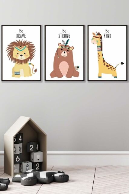 ARTZE Nursery Tribal Lion, Bear, Giraffe Quote Prints Framed Wall Art - Large in Black - Size: W53 cm x H73 cm x D20mm - image 1
