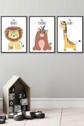 ARTZE Nursery Tribal Lion, Bear, Giraffe Quote Prints Framed Wall Art - Large in Black - Size: W53 cm x H73 cm x D20mm - thumbnail 1