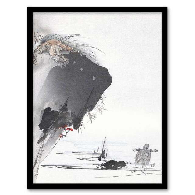 Artery8 Kogyo Tsukioka Framed Wall Art Print Two Turtles 1890 Ink Painting in Grey - Size: A4 - image 1