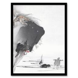 Artery8 Kogyo Tsukioka Framed Wall Art Print Two Turtles 1890 Ink Painting in Grey - Size: A4 - thumbnail 1
