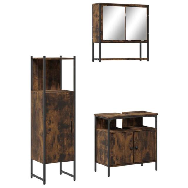 Berkfield Home 3 Piece Bathroom Furniture Set Smoked Oak Engineered Wood in Brown - image 1