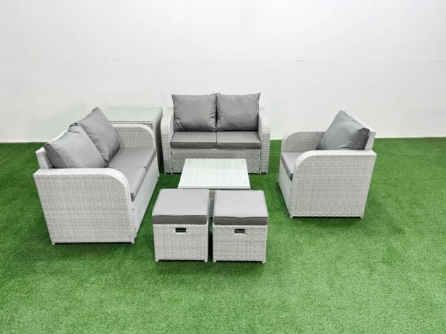 Fimous High Back Poly Rattan Garden Furniture Set w/ Reclining Chair Loveseat Sofa Square Coffee Table Indoor Outdoor Patio Set 2 Stool Side Table - image 1