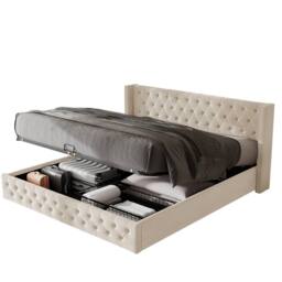 Matteo Upholstered Bed with Hydraulic Lever & Storage, 150 x 200 cm in Beige - thumbnail 6