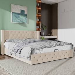 Matteo Upholstered Bed with Hydraulic Lever & Storage, 150 x 200 cm in Beige - thumbnail 3