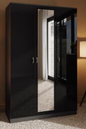 FWStyle 3 Door Triple Wardrobe Black Gloss Mirrored Door - thumbnail 1