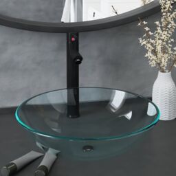 Berkfield Home Bathroom Sink with Tap & Push Drain Clear Tempered Glass in Black - thumbnail 1