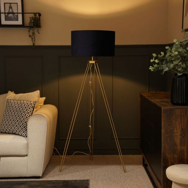 ValueLights Aero Hairpin Leg Gold Tripod Floor Lamp Light with Velvet Shade in Navy - Size: 18 inches - image 1