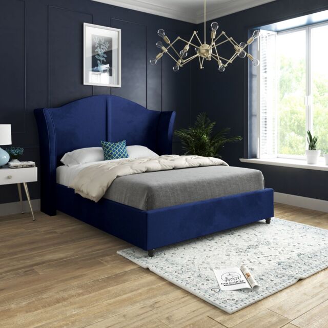 KDMD Zampa Curved Top Curved Winged Upholstered Soft Velvet Blue Bed Frame - Size: Small Single - image 1