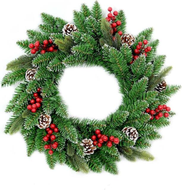 Shatchi 55cm Berries & Pine Cones Frosted Tips Green Christmas Wreath in Green - image 1
