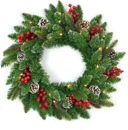 Shatchi 55cm Berries & Pine Cones Frosted Tips ‎Green Christmas Wreath in Green - thumbnail 4
