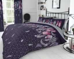 Smart Living Printed Polycotton Feathers Duvet Cover With Pillowcases in Purple - Size: Double