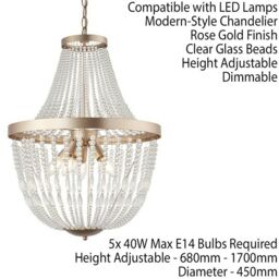 Loops Hanging Ceiling Pendant Light Rose Gold & Glass Beads Modern Round Lamp Shade in Clear - thumbnail 2