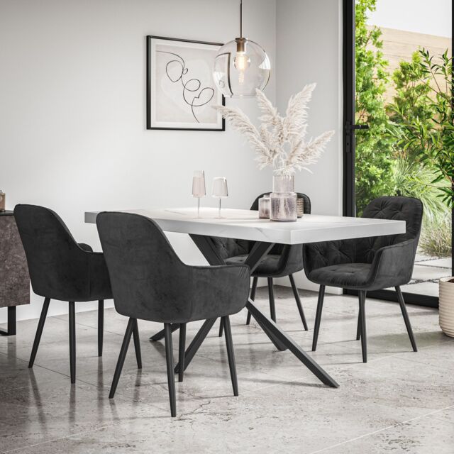 More4Homes Donni Dining Table & Chairs - White Marble Effect Table Top w Black Legs + Anika Velvet Dining Chair Set Of 4 - image 1