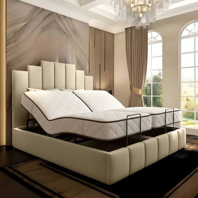 PARADISE BEDS LTD Tech Art Deco Electric Adjustable Bed Set with Pocket Sprung Mattress in Cream - Size: King - image 1
