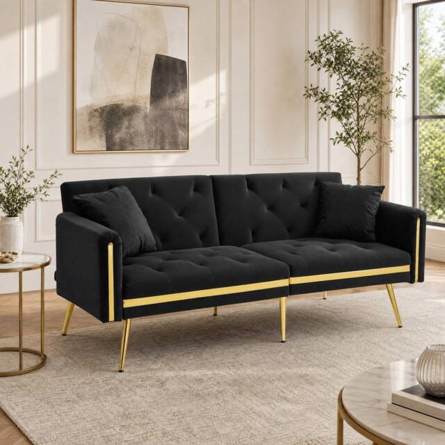 STILVORA 2-Seater Sofa Bed with Adjustable Backrest & Cup Holders in Black - image 1