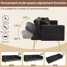 STILVORA 2-Seater Sofa Bed with Adjustable Backrest & Cup Holders in Black - thumbnail 8