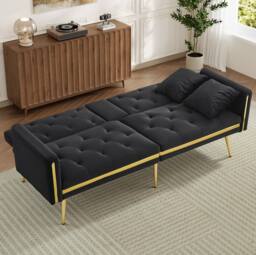 STILVORA 2-Seater Sofa Bed with Adjustable Backrest & Cup Holders in Black - thumbnail 2