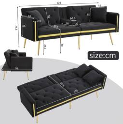 STILVORA 2-Seater Sofa Bed with Adjustable Backrest & Cup Holders in Black - thumbnail 4