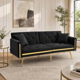 STILVORA 2-Seater Sofa Bed with Adjustable Backrest & Cup Holders in Black - thumbnail 1
