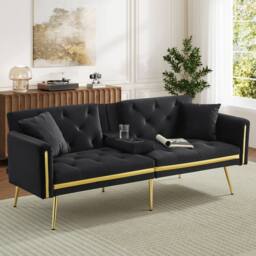 STILVORA 2-Seater Sofa Bed with Adjustable Backrest & Cup Holders in Black - thumbnail 3