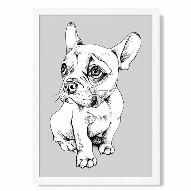 ARTZE Sketch French Bulldog on Light Grey Framed Print SIZE: A2 with White Frame - Size: A4 - image 1
