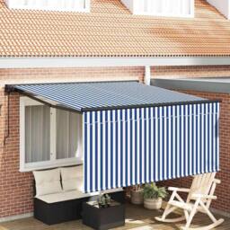 Berkfield Home Retractable Awning Manual Navy & White 350 x 250 cm in Blue - thumbnail 2