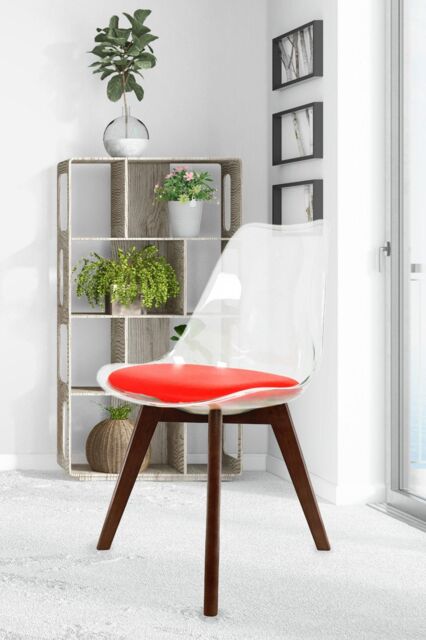 Fusion Living Soho Clear Plastic Dining Chair with Squared Dark Wood Legs in Red - image 1