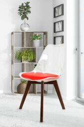 Fusion Living Soho Clear Plastic Dining Chair with Squared Dark Wood Legs in Red - thumbnail 1