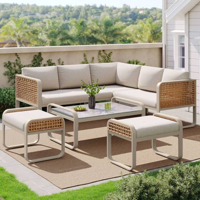 HomeTouch Rattan 7 Seater Outdoor Furniture Set with Stools & Coffee Table Grey in Beige - Size: 5 Pack - image 1