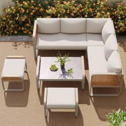HomeTouch Rattan 7 Seater Outdoor Furniture Set with Stools & Coffee Table Grey in Beige - Size: 5 Pack - thumbnail 5