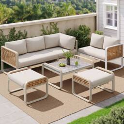 HomeTouch Rattan 7 Seater Outdoor Furniture Set with Stools & Coffee Table Grey in Beige - Size: 5 Pack - thumbnail 3