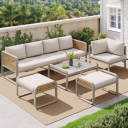 HomeTouch Rattan 7 Seater Outdoor Furniture Set with Stools & Coffee Table Grey in Beige - Size: 5 Pack - thumbnail 2