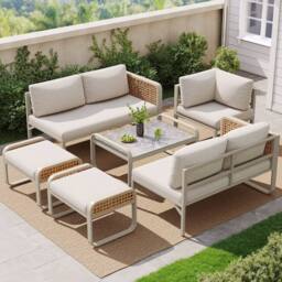 HomeTouch Rattan 7 Seater Outdoor Furniture Set with Stools & Coffee Table Grey in Beige - Size: 5 Pack - thumbnail 4
