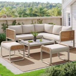 HomeTouch Rattan 7 Seater Outdoor Furniture Set with Stools & Coffee Table Grey in Beige - Size: 5 Pack - thumbnail 1