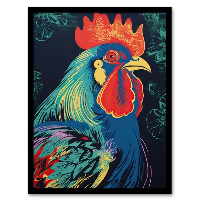 "Artery8 Wall Art Print Rooster Hen Cock Chicken Artwork In Blue Red Vibrant Bold Bright Colourful Painting Art Framed - Size: W12"" x H16""" - image 1